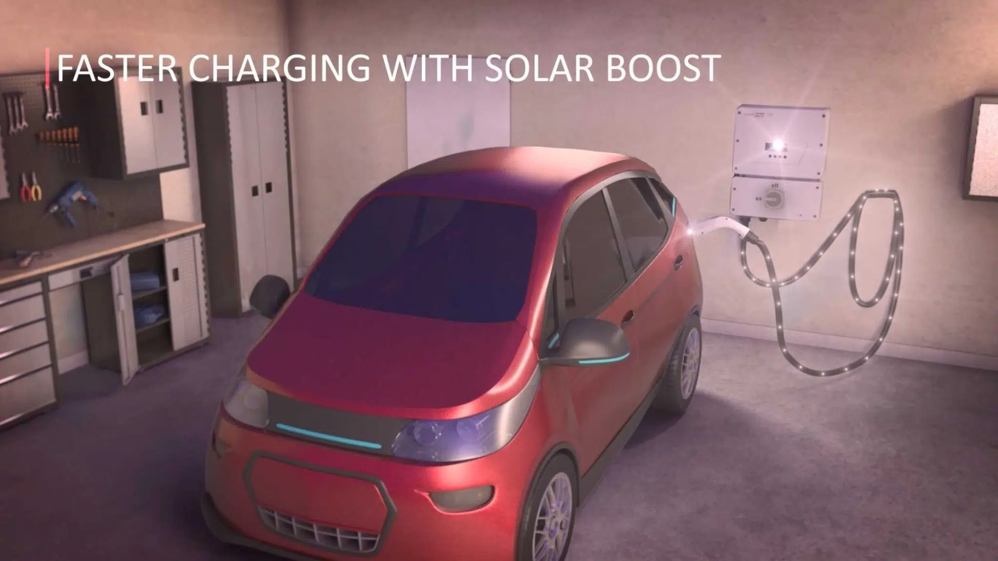 רכב חשמלי נטען בחניה ביתית עם הכיתוב Faster Charging with Solar Boost.